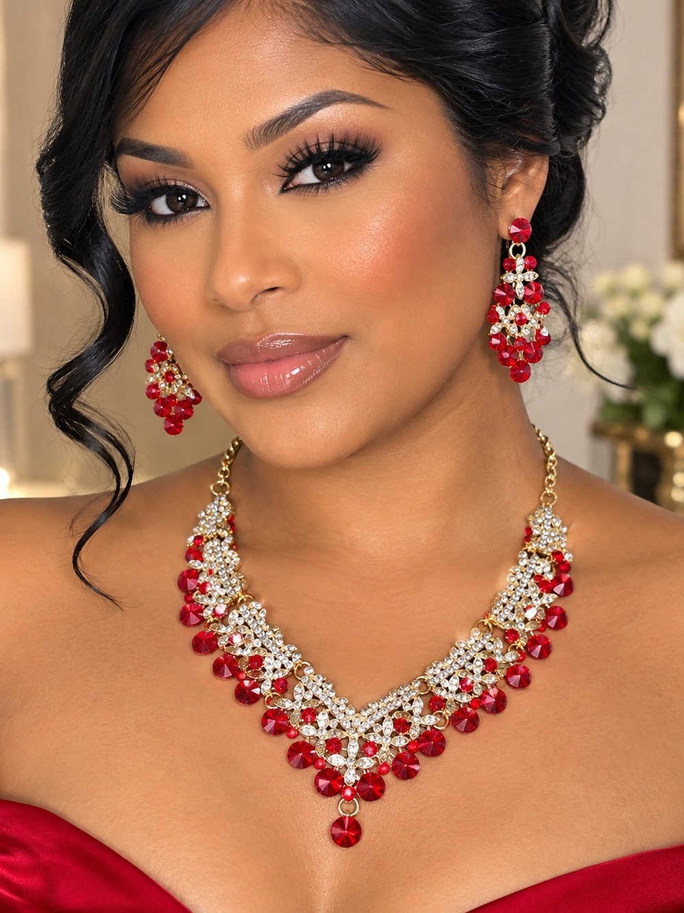 Gold-Tone Red Crystal Statement Necklace and Earring Set